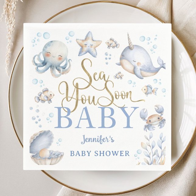 Guardanapo De Papel Sea You Soon Ocean Baby Shower Boy Blue Paper (Criador carregado)