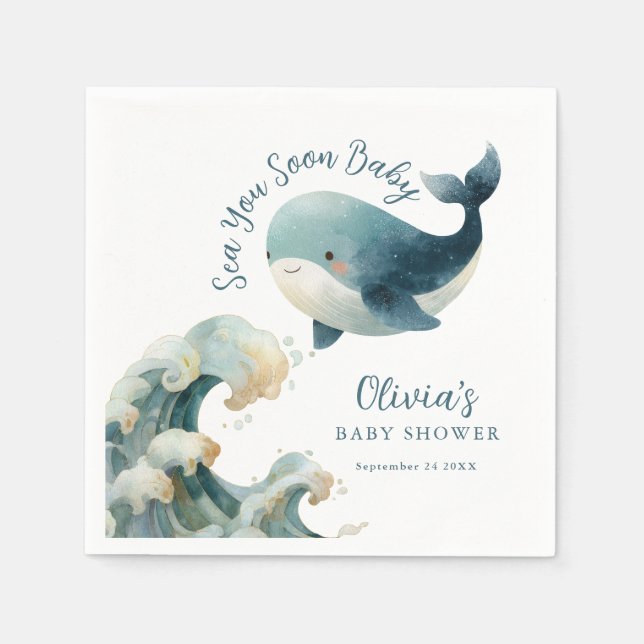 Guardanapo De Papel Sea You Soon Whale Ocean White Baby Shower (Frente)