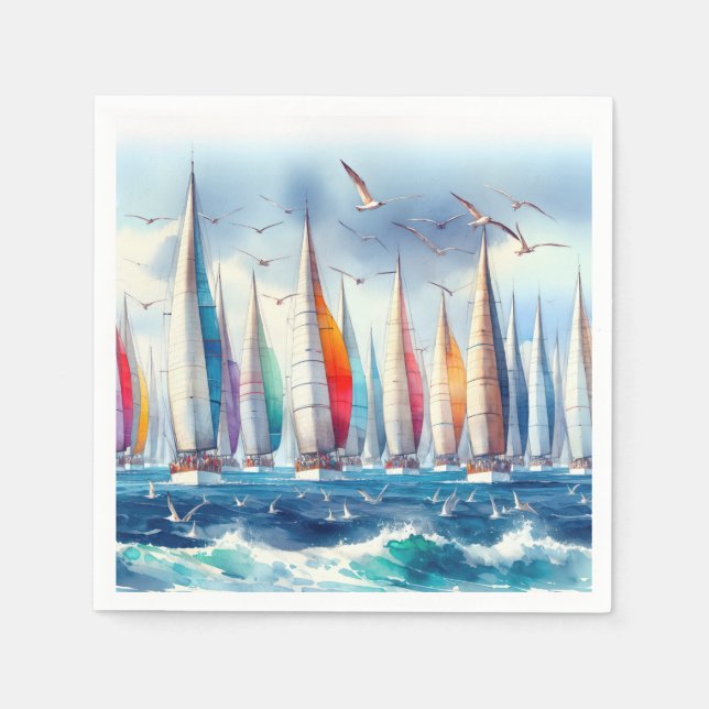 Guardanapo De Papel Seagulls Soaring With a Sailboat Regatta (Frente)