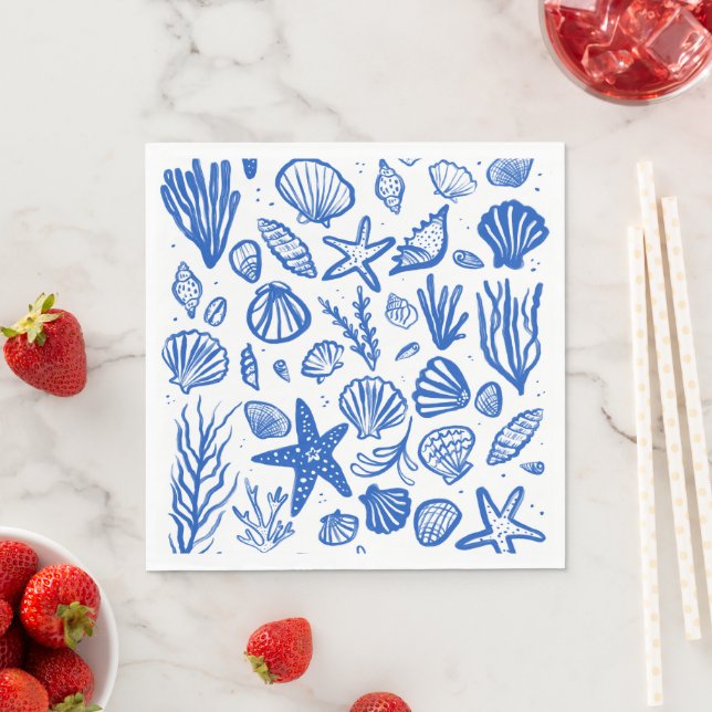 Guardanapo De Papel Seashells Beach Wedes Blue White Cute Seaside (Insitu)