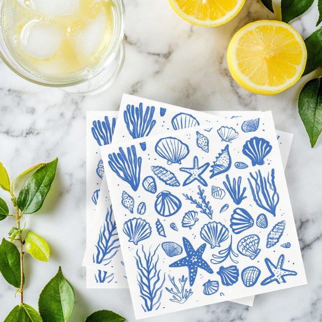 Guardanapo De Papel Seashells Beach Wedes Blue White Cute Seaside (Seashells Beach Wedding Blue White Cute Seaside Napkins
)