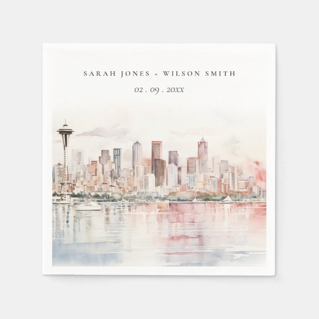 Guardanapo De Papel Seattle, Washington Watercolor Landscape Wedding (Frente)