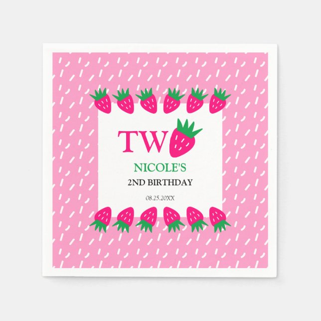 Guardanapo De Papel Segundo aniversário doce de morango rosa (Frente)