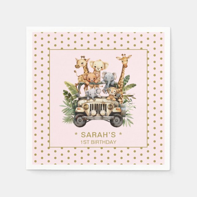 Guardanapo De Papel Selva Selvagem Safari Rosa 1rua Primeiro Aniversár (Frente)