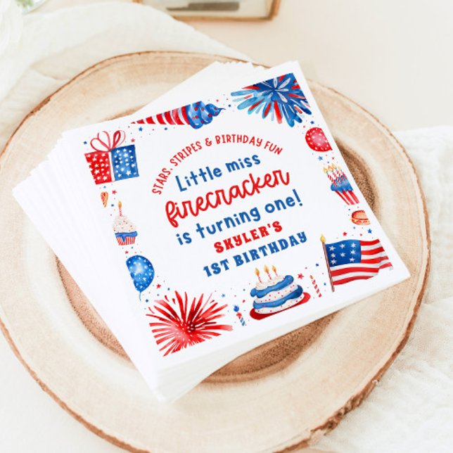Guardanapo De Papel Senhorita Firecracker 4 de julho primeiro aniversa (Little Miss Firecracker 4th of July 1st Birthday Paper Dinner Napkins)