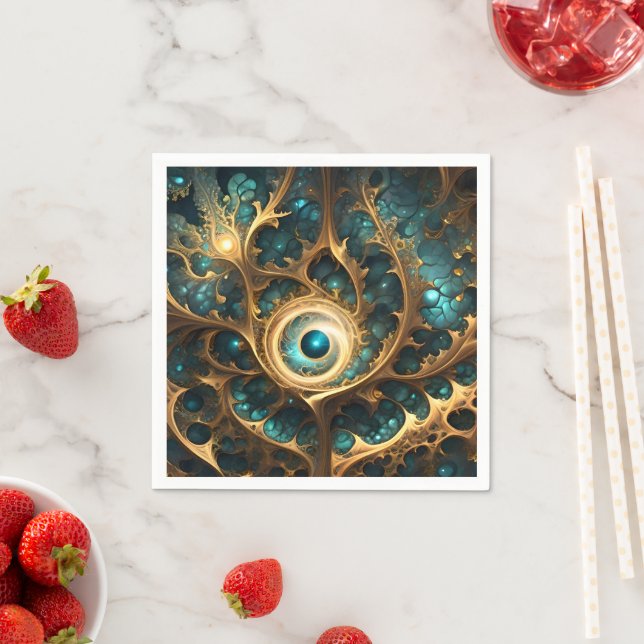 Guardanapo De Papel Sentido De Arte Fractal Dourada E Teal, (Insitu)
