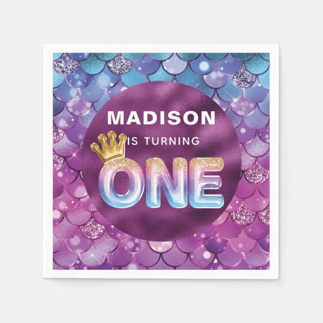 Guardanapo De Papel Sereia, Aniversário Personalizado Azul Rosa (Frente)