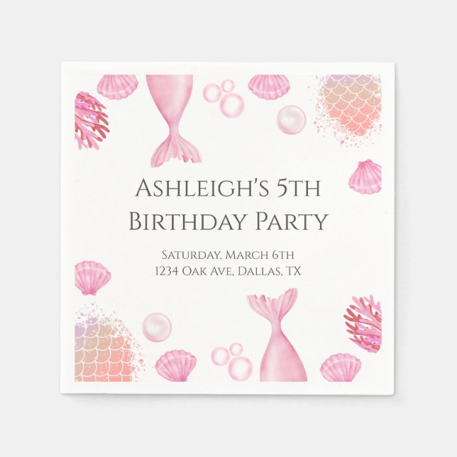 Guardanapo De Papel Sereia Cor-de-rosa com Festa de aniversário (Frente)