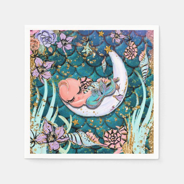 Guardanapo De Papel Sereia Glam Glitter Dourado Festa de Bebê Menino (Frente)