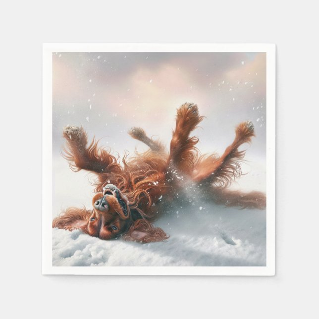 Guardanapo De Papel Setter Irlandês Rolando Na Neve (Frente)