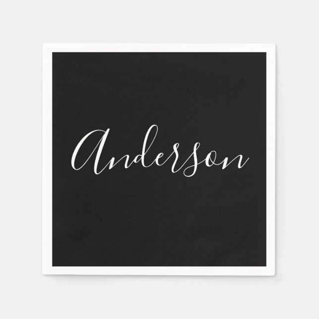 Guardanapo De Papel Seu nome | Script branco elegante em preto (Frente)
