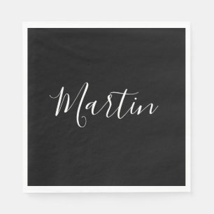 Guardanapo De Papel Seu nome Script branco elegante em preto