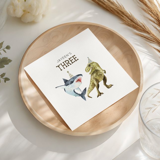 Guardanapo De Papel Shark & Dino 3rd Birthday, T-rex Shark Party  (Criador carregado)