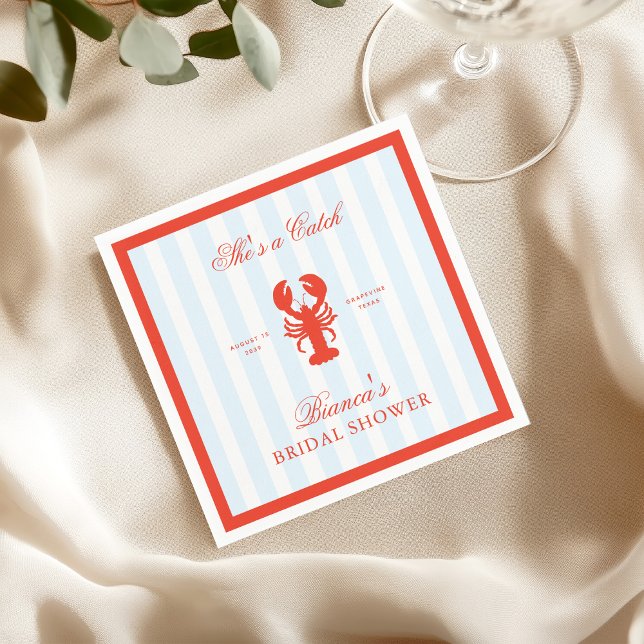 Guardanapo De Papel She’s a Catch Lobster Red and Blue Bridal Shower (Criador carregado)