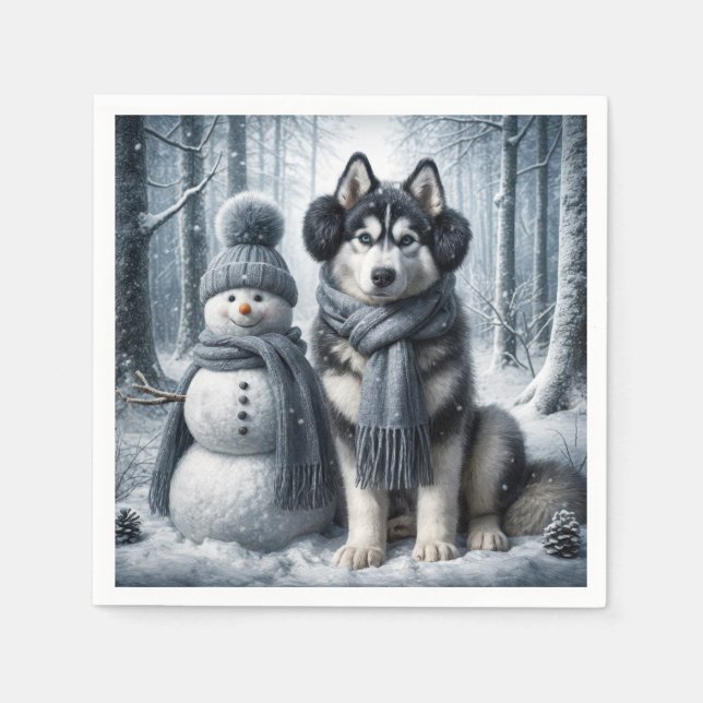 Guardanapo De Papel Siberian Husky Com Snowman (Frente)