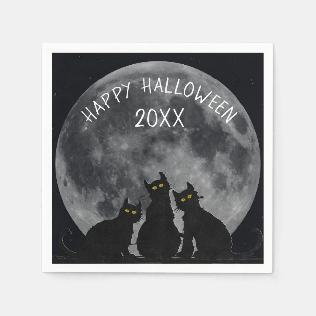 Guardanapo De Papel Silhuetas de lua e gato preto no Halloween (Frente)