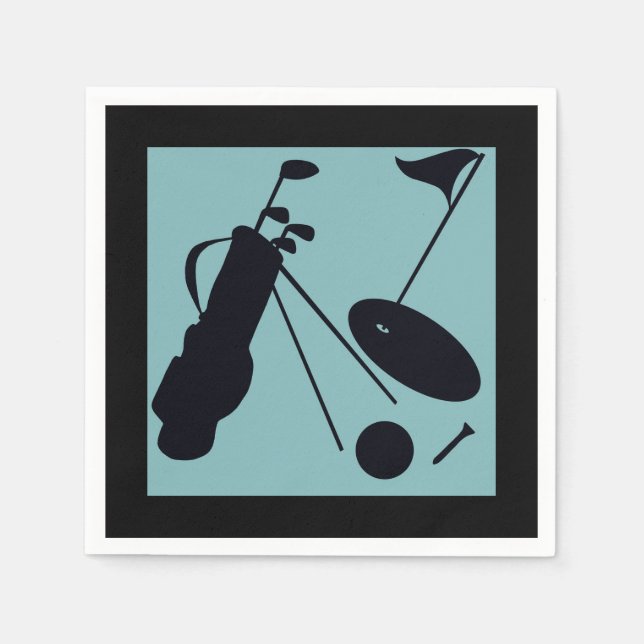 Guardanapo De Papel Silhuetas pretas de golfe em fundo azul (Frente)