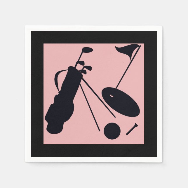 Guardanapo De Papel Silhuetas pretas de golfe em fundo rosa (Frente)