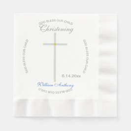 Guardanapo De Papel Silver Cross Christening Blue Baby Name