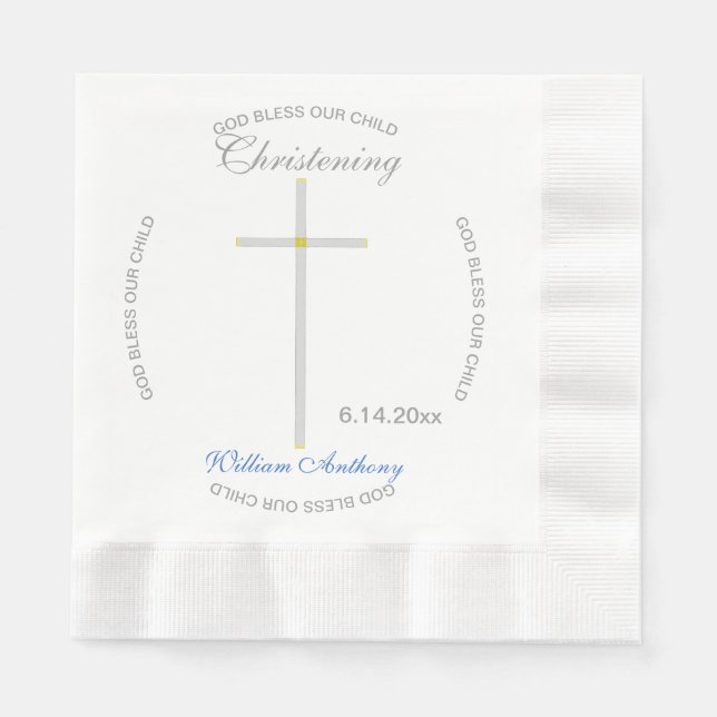 Guardanapo De Papel Silver Cross Christening Blue Baby Name (Frente)