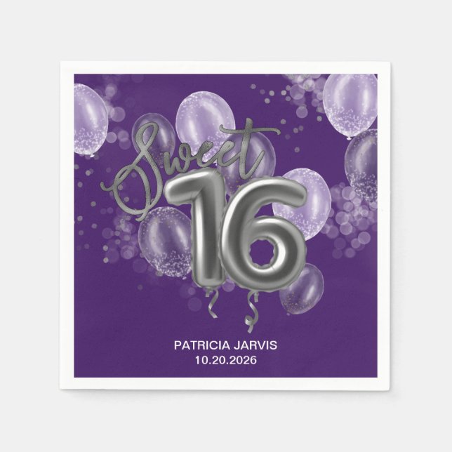 Guardanapo De Papel Silver Foil Sweet 16 Balões de Aniversário Roxo (Frente)