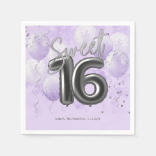 Guardanapo De Papel Silver Foil Sweet 16 Balões de Dias Lavanda Napki