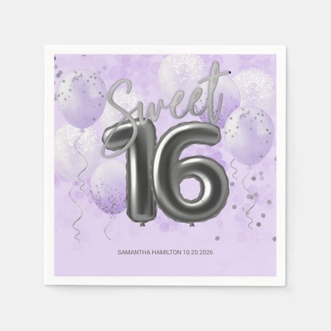 Guardanapo De Papel Silver Foil Sweet 16 Balões de Dias Lavanda Napki (Frente)