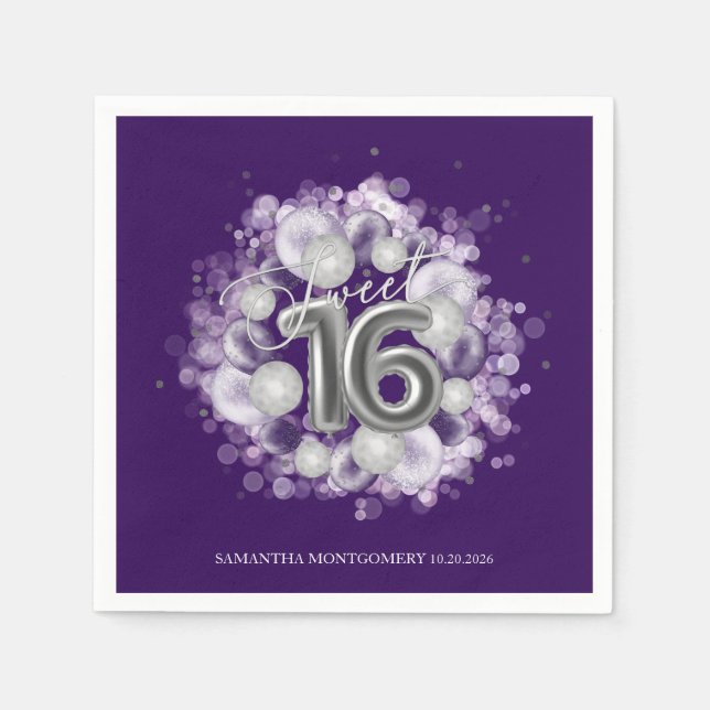 Guardanapo De Papel Silver Foil Sweet 16 Bday Balloons Party Purple (Frente)
