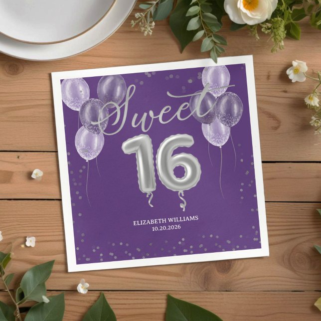 Guardanapo De Papel Silver Foil Sweet 16 Bday Balloons Party Purple (Criador carregado)
