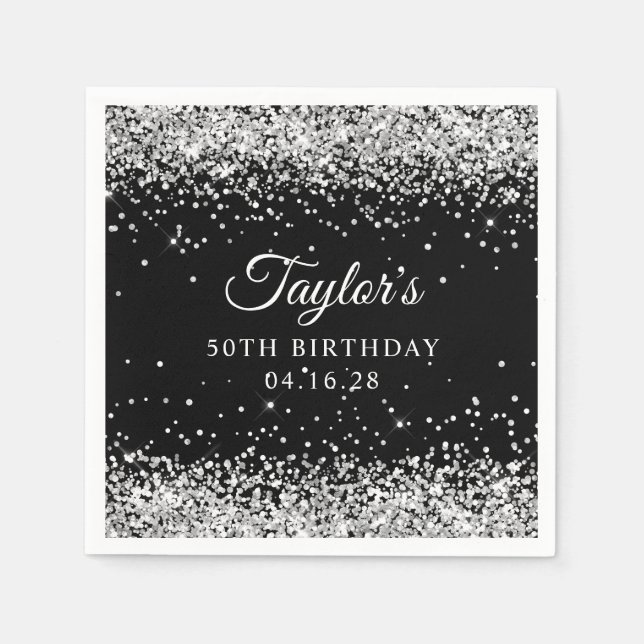 Guardanapo De Papel Silver Glitter Black 50th Birthday (Frente)