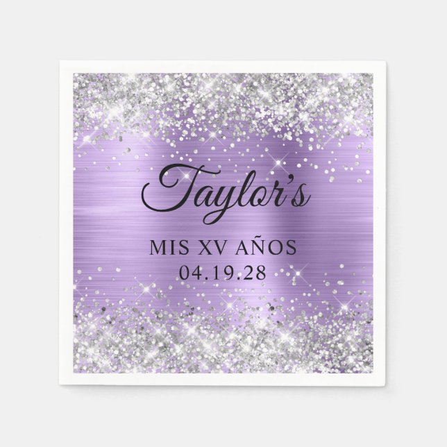 Guardanapo De Papel Silver Glitter Light Purple Foil Mis XV Anos (Frente)