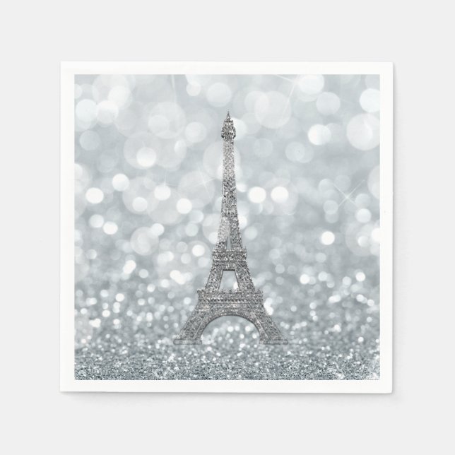 Guardanapo De Papel Silver Glitter Sparkle Paris Eiffel Tower Glam (Frente)