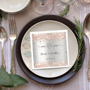 Guardanapo De Papel Silver rose gold glitter mr mrs heart wedding