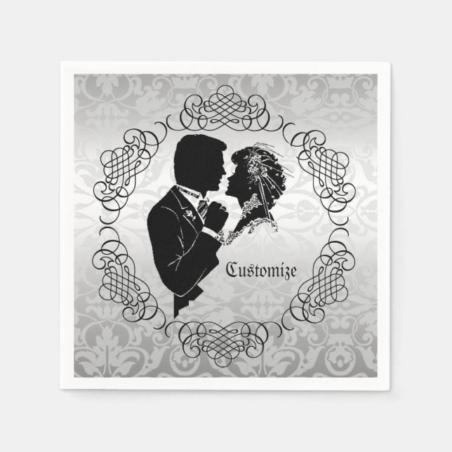 Guardanapo De Papel Silvery White Bride & Groom Silhouette Napkins (Frente)