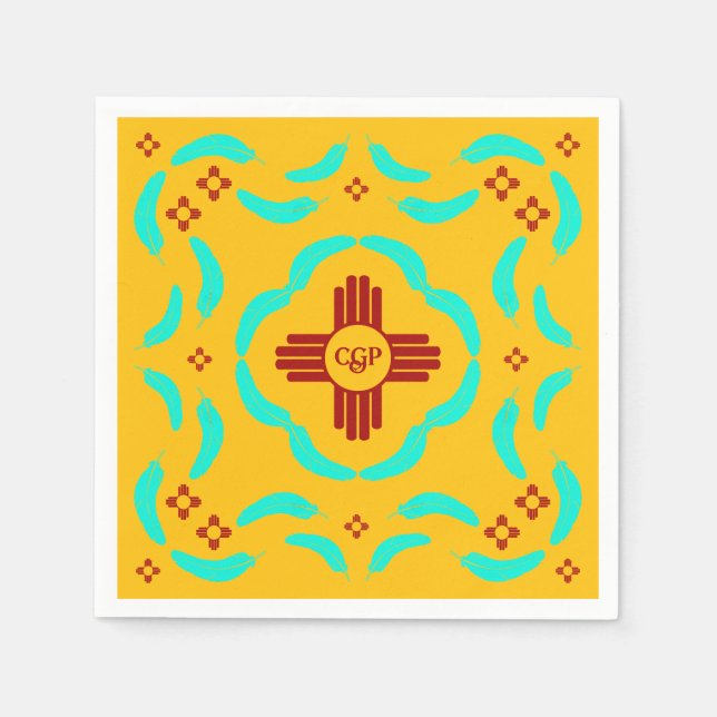 Guardanapo De Papel Símbolos Red Zia Penas Turquesas do Novo México (Frente)