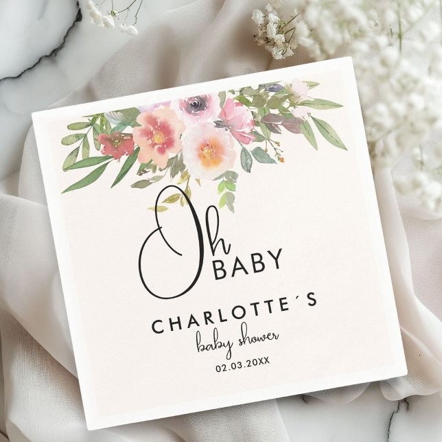Guardanapo De Papel Simple, flowers Baby Shower (Simple, watercolor, flowers Baby Shower Napkins with your name and date.)