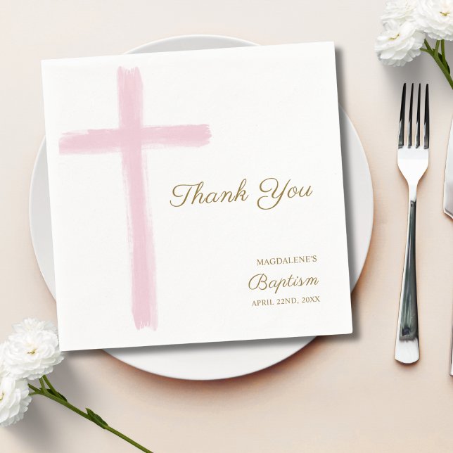 Guardanapo De Papel Simple Pink Cross Thank You Baptism  (Criador carregado)