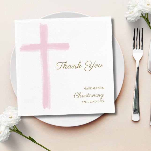 Guardanapo De Papel Simple Pink Cross Thank You Christening Baptism  (Criador carregado)