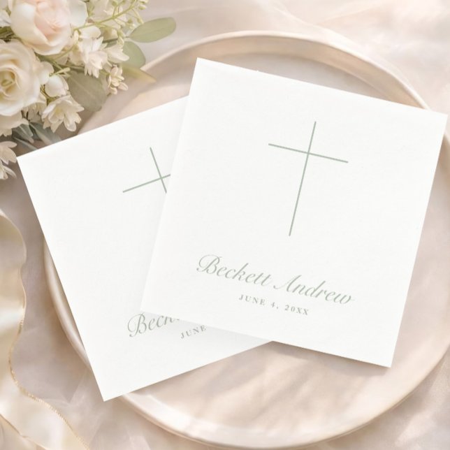 Guardanapo De Papel Simple Sage Green Cross Script Baptism (Simple Sage Green Cross Script Baptism, Christening or First Holy Communion Napkins.)