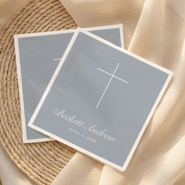 Guardanapo De Papel Simples Batismo Cruz Azul Empoeirado Script (Simple Dusty Blue Cross Script Baptism, Christening or First Holy Communion Napkins.)