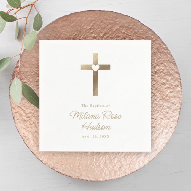 Guardanapo De Papel Simples Cruz de Ouro com Batismo do Coração (Simple Gold Cross with Heart Elegant Baptism Napkin.)