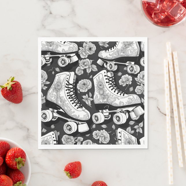 Guardanapo De Papel Skates quádruplos, rosas, design preto e branco. (Insitu)