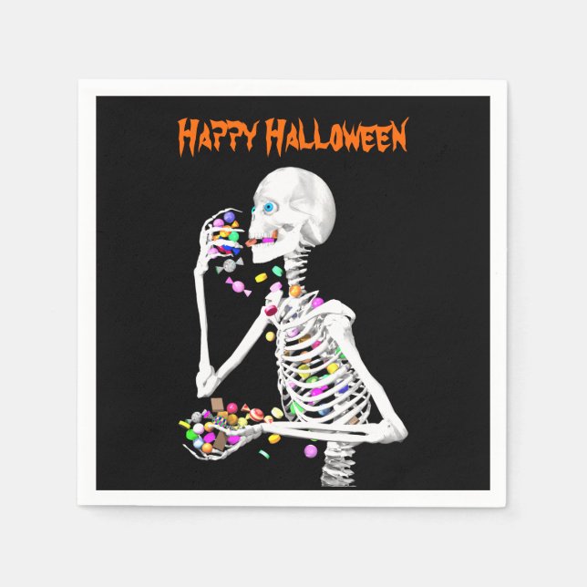 Guardanapo De Papel Skeleton comendo balas de Halloween (Frente)