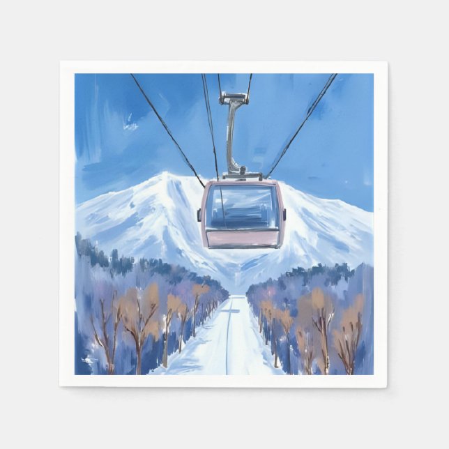 Guardanapo De Papel Ski Gondola Snow Mountain Watercolor (Frente)