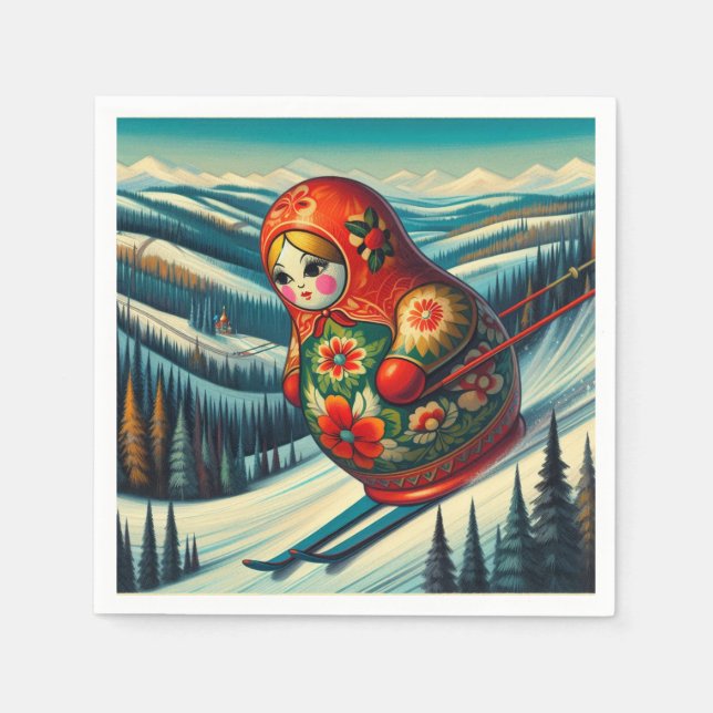 Guardanapo De Papel Skiing Matryoshka Doll Winter Snow (Frente)