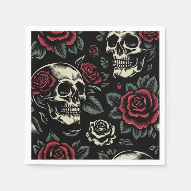Guardanapo De Papel Skulls & Rosa vermelha Gothic Floral (Frente)