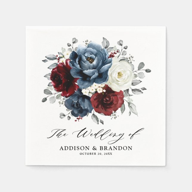 Guardanapo De Papel Slate Blue Burgundy White Ivory Floral Casamento (Frente)
