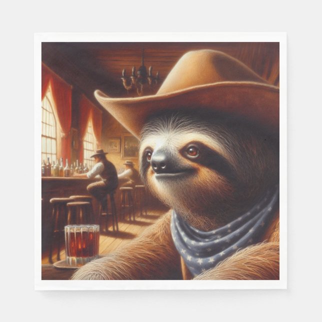 Guardanapo De Papel Sloth Cowboy em Saloon (Frente)