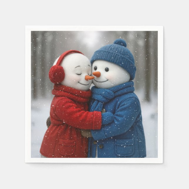 Guardanapo De Papel Snowflakes on Snowman Couple in Winter Forest (Frente)