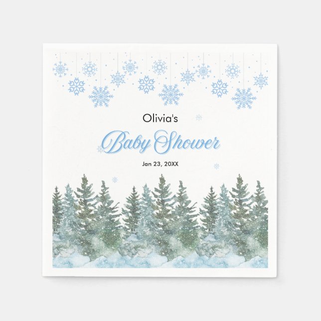 Guardanapo De Papel Snowflakes Pine Trees Winter Baby Shower  (Frente)